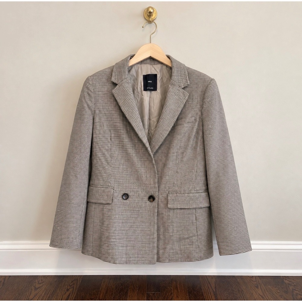Mango MNG Womens Blazer Jacket Brown Tan Houndstooth Plaid Size M Double Button